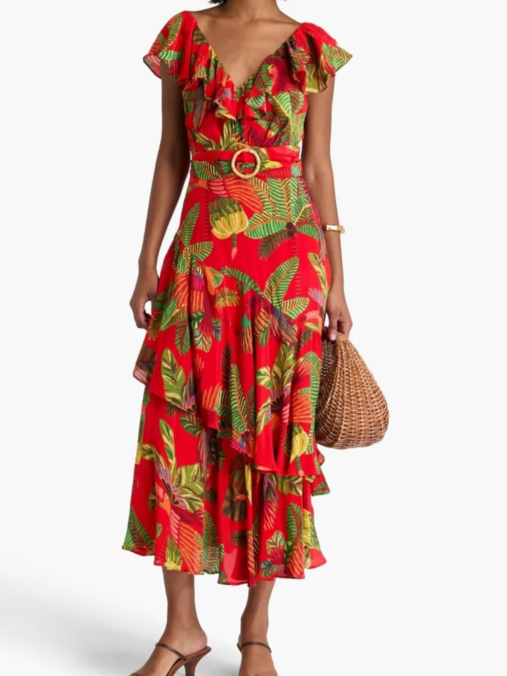 Farm Rio Red Forest Birds Belted Midi-Dress